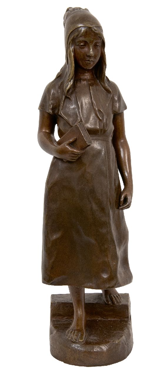 Jespers E.  | Emile Jespers | Beelden en objecten te koop aangeboden | Meisje met haar bijbel, brons 41,0 x 11,0 cm, gesigneerd op basis