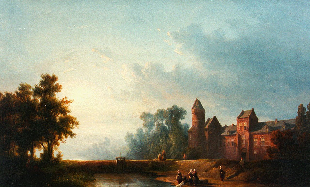 Verveer S.L.  | 'Salomon' Leonardus Verveer, Wasvrouwen aan een riviertje bij een kasteel, olieverf op paneel 43,5 x 60,8 cm, gesigneerd rechtsonder en gedateerd '49