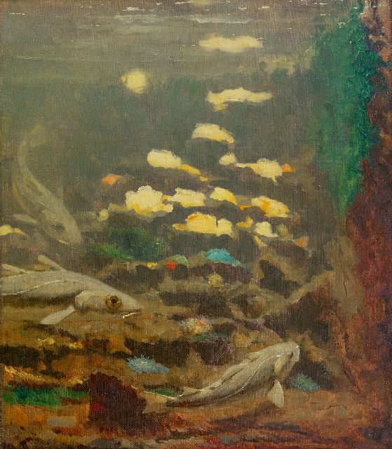 Gerrit Willem Dijsselhof | Kabeljauwen en anemonen, olieverf op doek, 40,3 x 35,0 cm, gesigneerd l.o. monogram