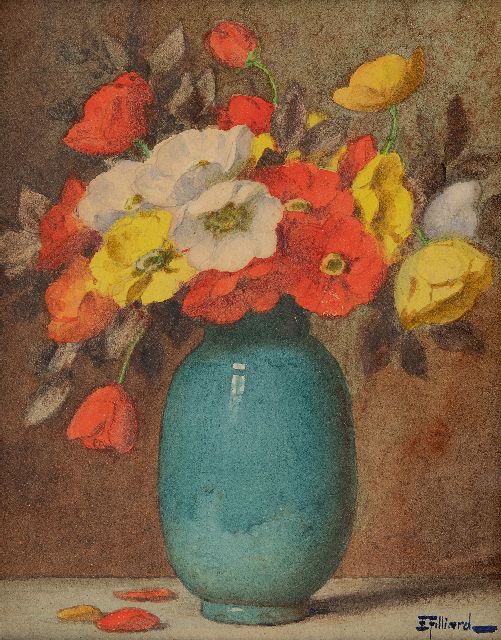 Filliard E.  | Papavers in blauwe vaas, aquarel op papier 16,7 x 13,8 cm, gesigneerd r.o.