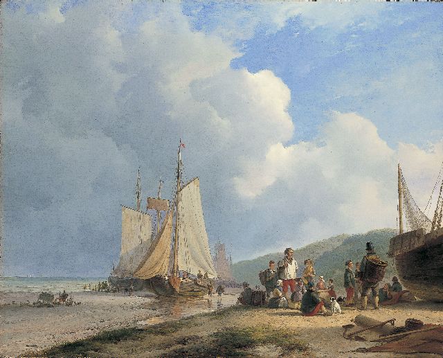 Schelfhout A.  | Vissersfamilie op het strand met bomschuiten, olieverf op doek 67,6 x 84,3 cm, gesigneerd l.o.v.h.m. en gedateerd 1831