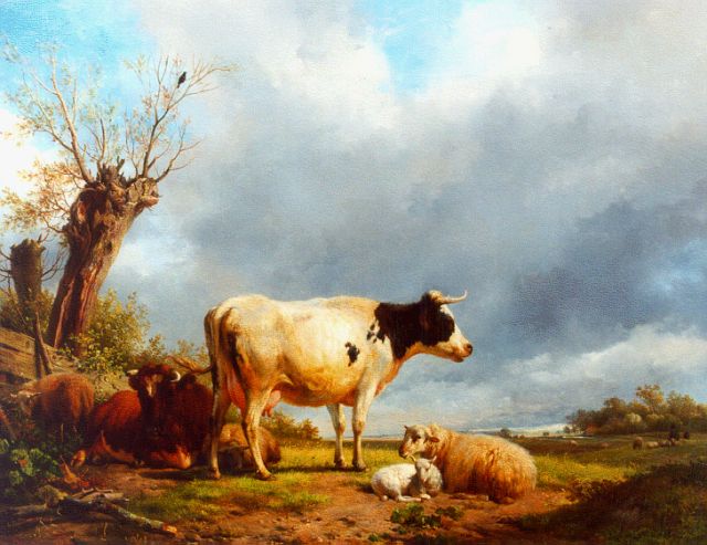 Sande Bakhuyzen H. van de | Koeien en schapen in een Hollands weidelandschap, olieverf op paneel 70,5 x 91,2 cm, gesigneerd l.o. en gedateerd 1839