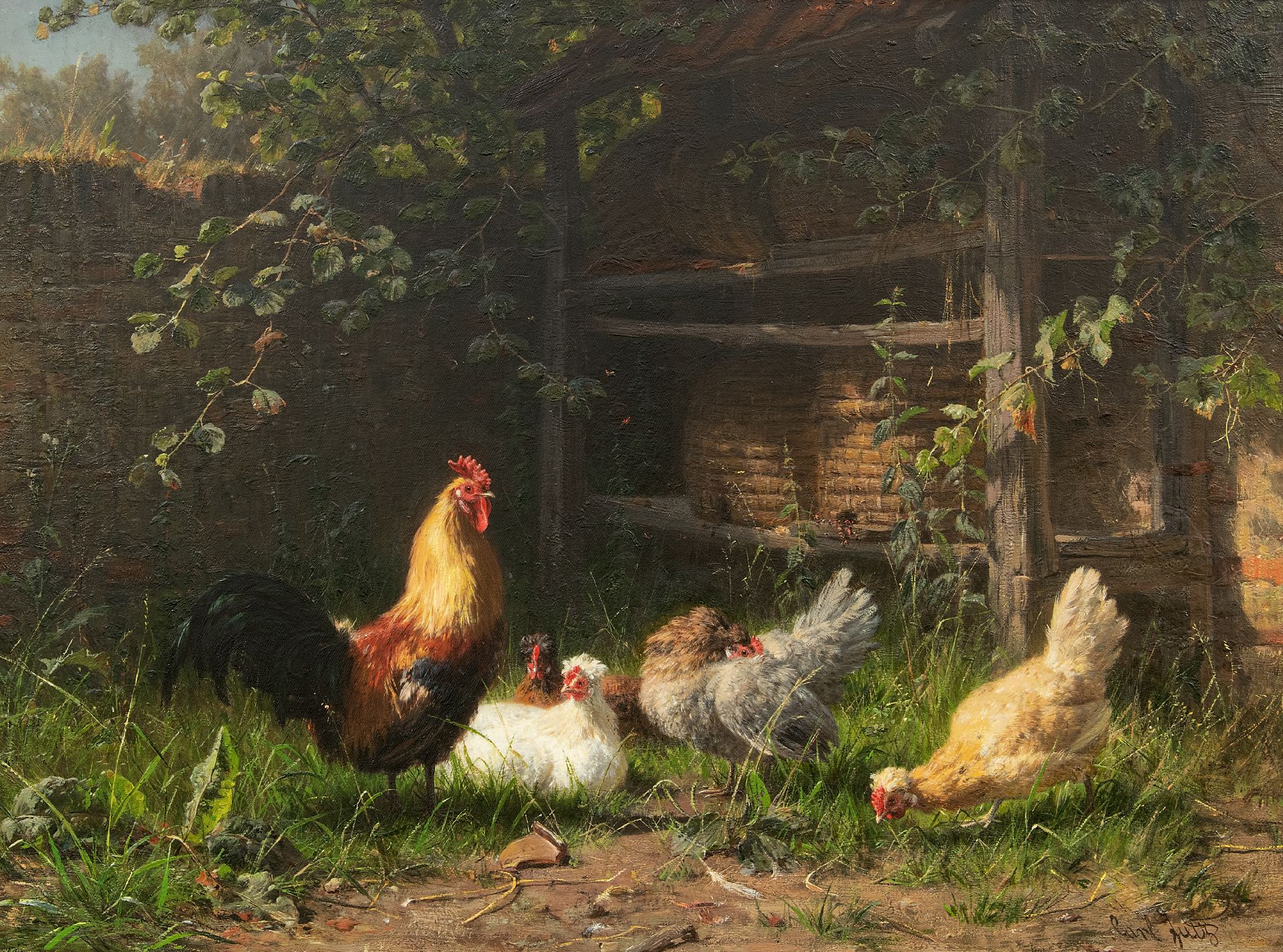 nep alarm Verstikkend Carl Jutz | Schilderijen te Koop | Haan en kippen bij bijenkorven