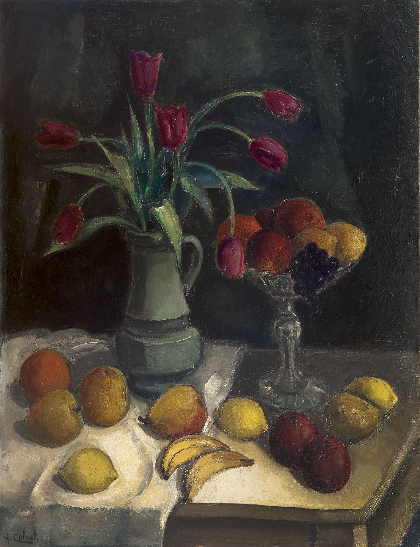 duizelig Officier Aanhankelijk Arnout Colnot | Schilderijen te Koop | Stilleven met fruit en tulpen op een  tafel
