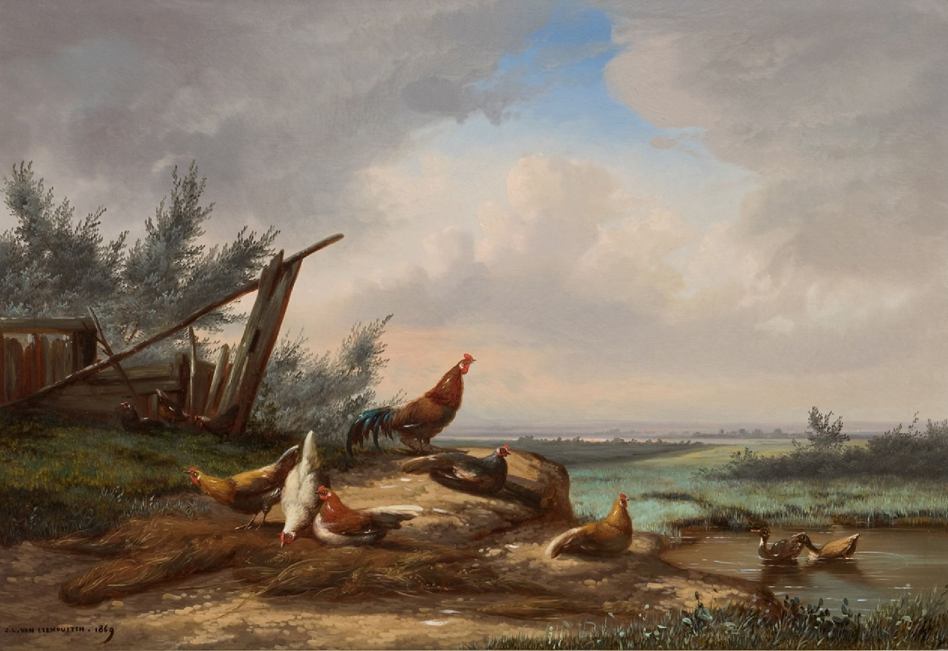 Nominaal Nieuwe betekenis Ambitieus Jean-Baptiste Leopold van Leemputten | Schilderijen te Koop | Haan en kippen  bij een hek