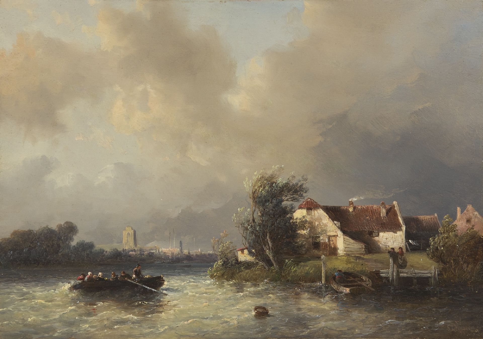 herten orgaan Voorzieningen Salomon Verveer | Schilderijen te Koop | Veer op een woelige rivier, de  Grote kerk van Dordrecht in de verte