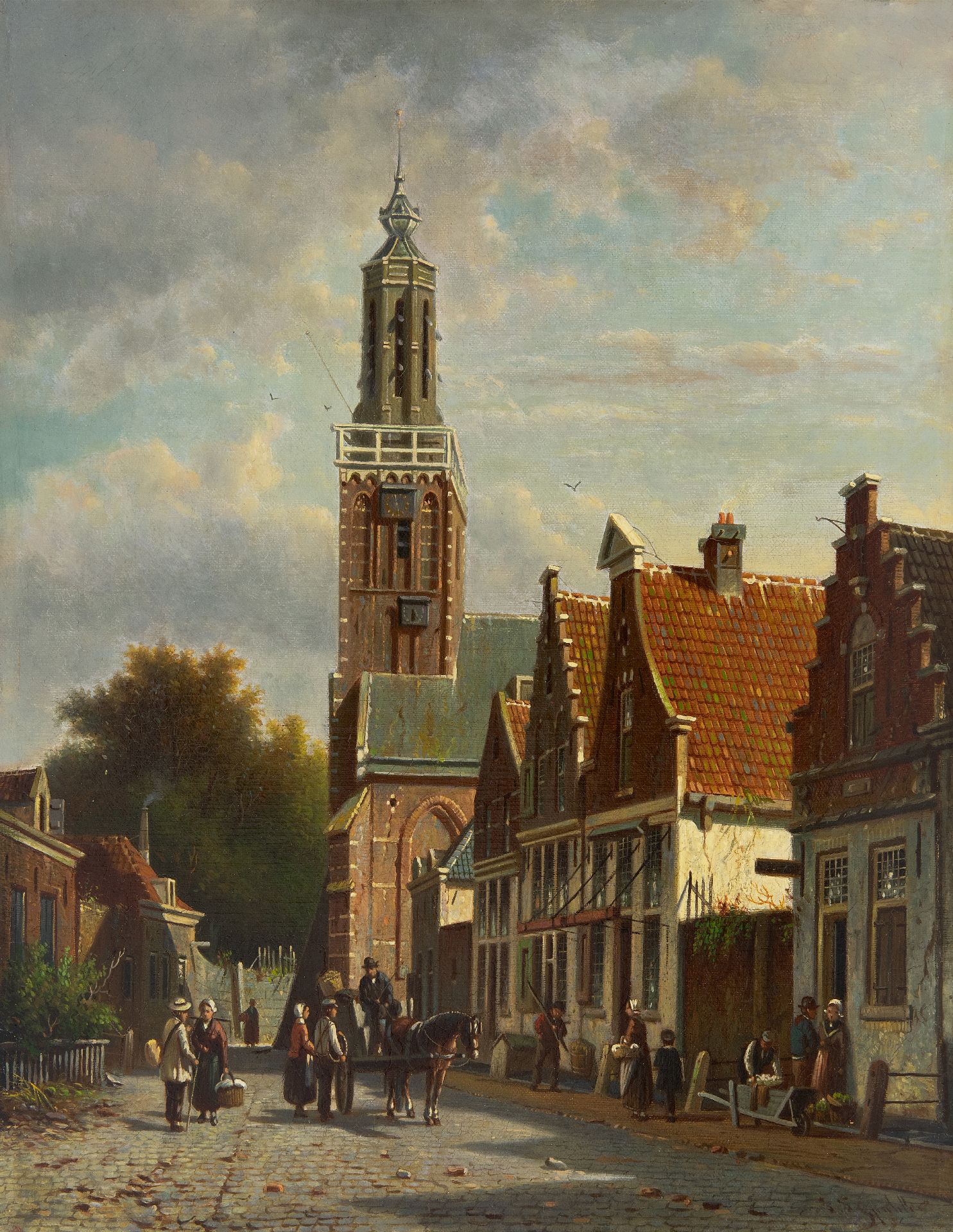 Scarp vrijwilliger leef ermee Johannes Franciscus Spohler | Schilderijen te Koop | Stadsgezicht met de  toren van de Onze-Lieve-Vrouwekerk te Edam
