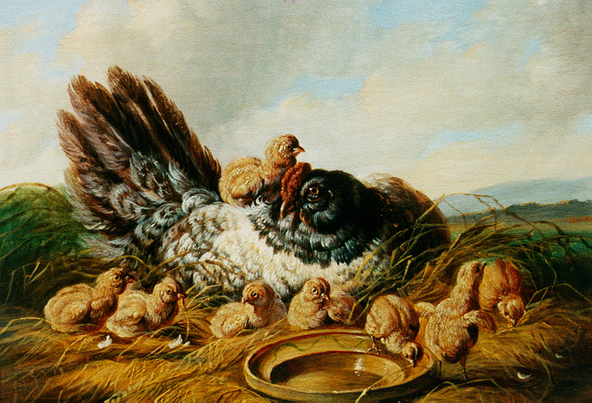 Moeras Broek visueel Albertus Verhoesen | Schilderijen vh. te Koop | Hen met acht kuikens