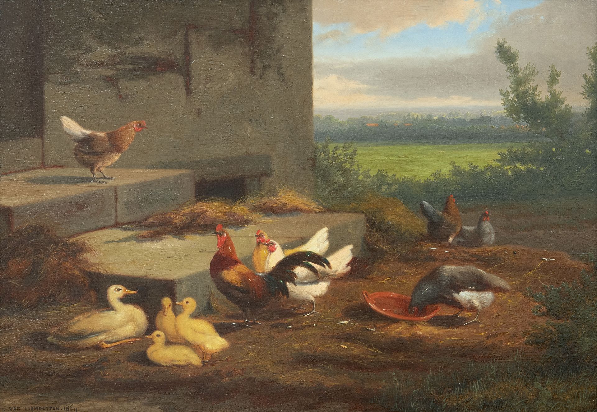 slank Trend Master diploma Jean-Baptiste Leopold van Leemputten | Schilderijen te Koop | Kippen en  eenden op een boerenerf