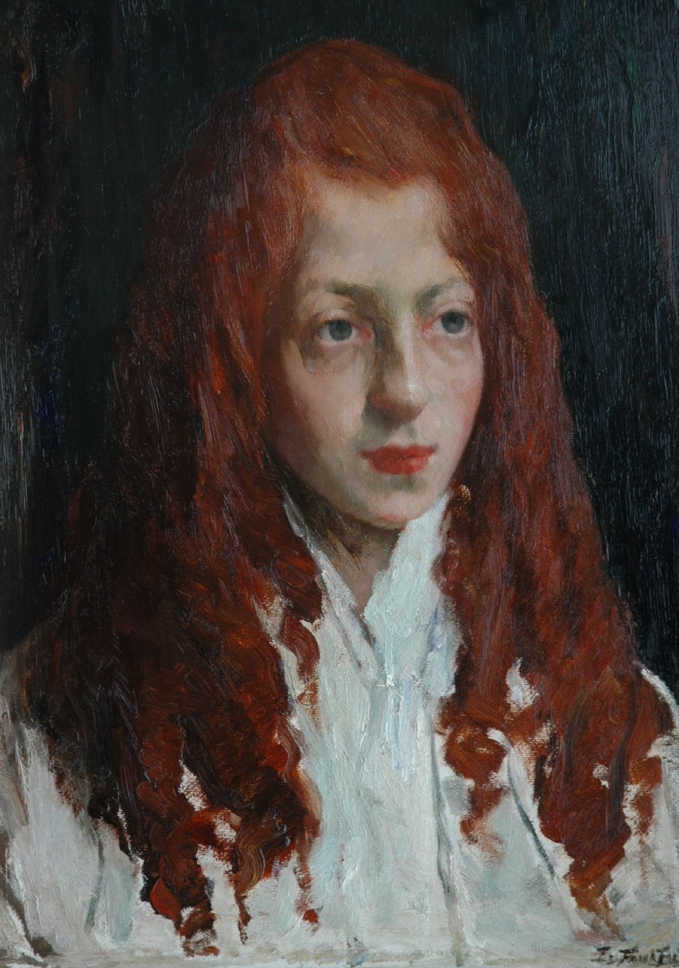 Geven beddengoed Nevelig Eduard Frankfort | Schilderijen vh. te Koop | Joods meisje met rood haar