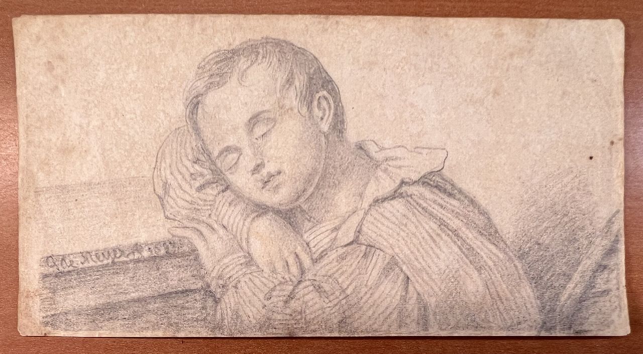 Meijer G. de | Gillis de Meijer | Aquarellen en tekeningen te koop aangeboden | Slapend kind, potlood op papier 7,3 x 14,0 cm, gesigneerd linksonder en gedateerd 1837