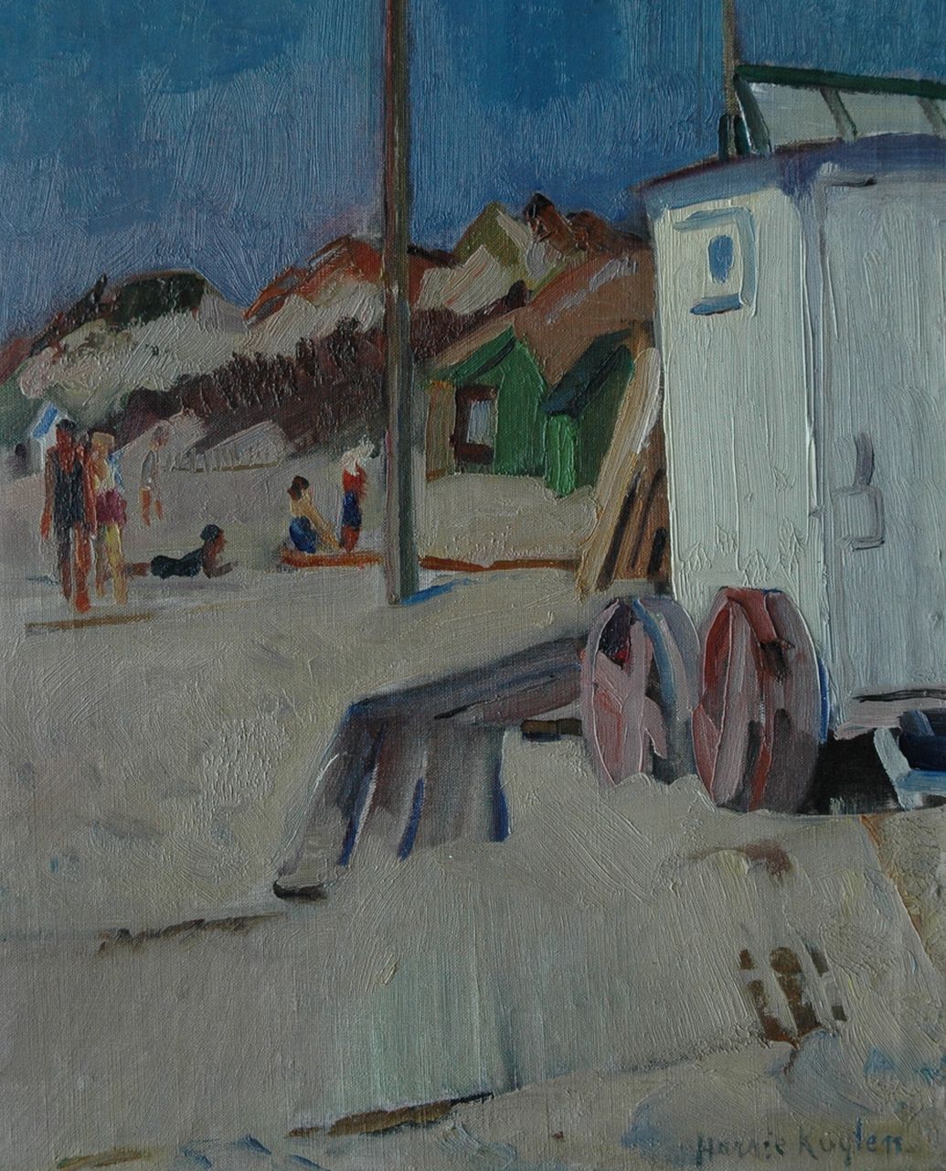 Kuijten H.J.  | Henricus Johannes 'Harrie' Kuijten, Strand met baders en badkoets, olieverf op board 42,3 x 34,5 cm, gesigneerd rechtsonder en te dateren ca. 1917