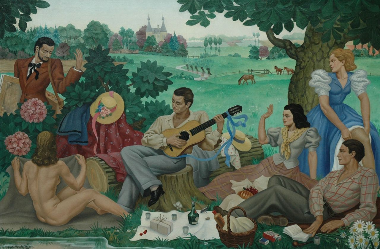 Weyer O. van de | Omer van de Weyer, Picknick on der boom, olieverf op doek 100,0 x 149,5 cm, gesigneerd linksonder