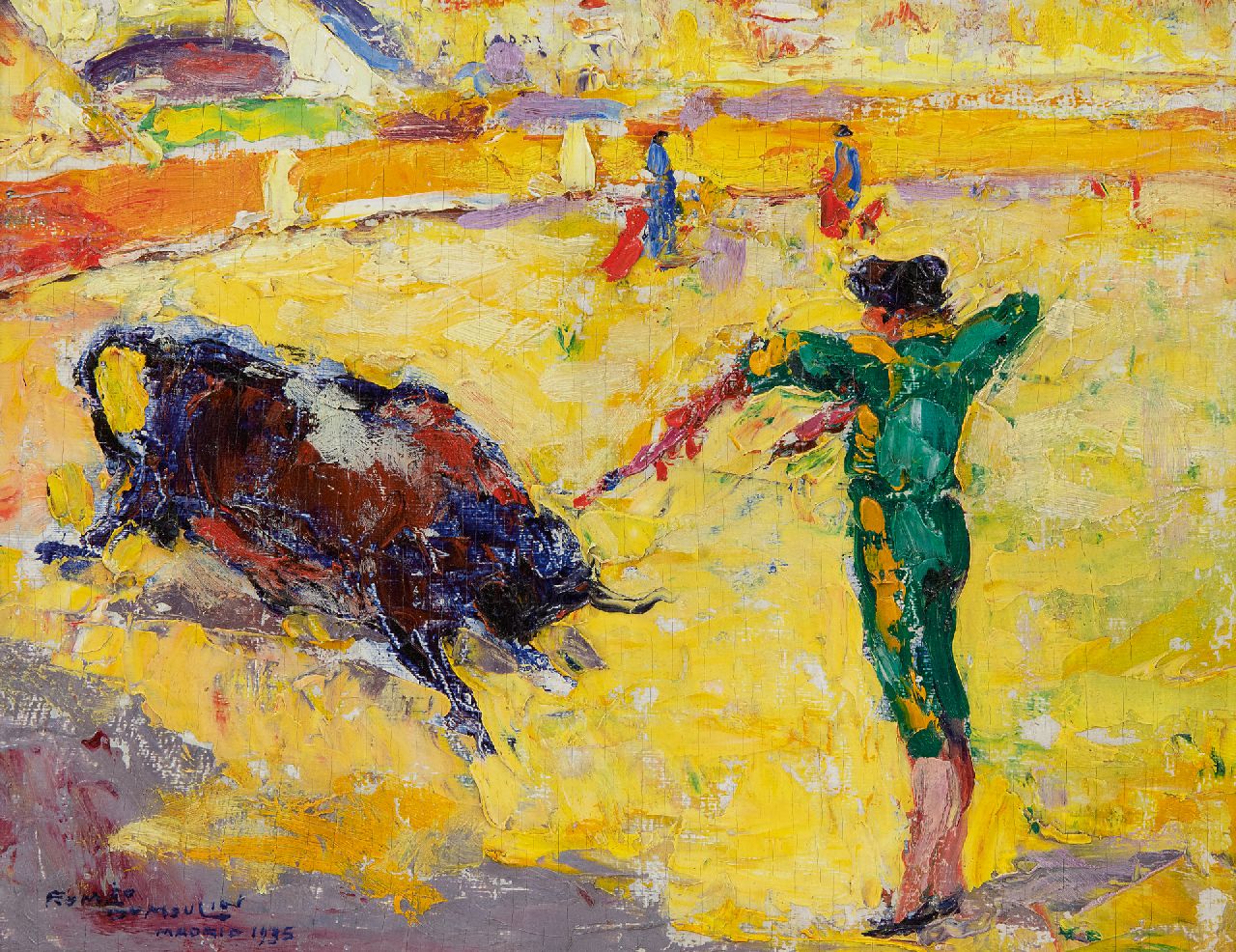 Dumoulin R.  | Roméo Dumoulin, De stierenvechter, olieverf op doek 17,2 x 22,3 cm, gesigneerd linksonder en gedateerd 1935