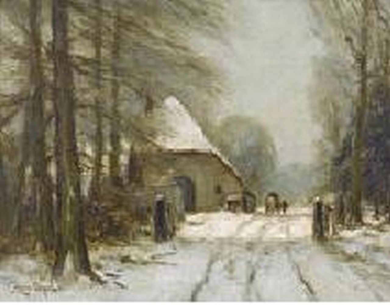Apol L.F.H.  | Lodewijk Franciscus Hendrik 'Louis' Apol, Een boerderijtje in de sneeuw i.o., olieverf op paneel 30,5 x 41,0 cm, gesigneerd linksonder