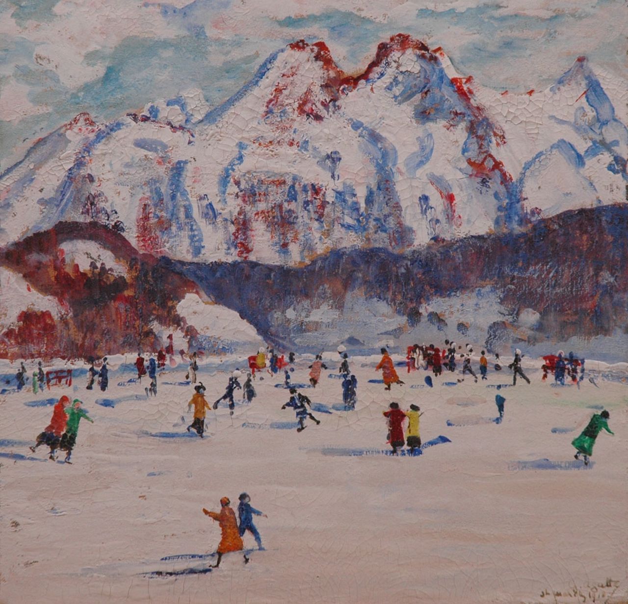 Agutte G.  | Georgette Agutte, Schaatsen in St. Moritz, gouache op board 23,5 x 24,3 cm, gesigneerd rechtsonder en gedateerd 'St. Moritz 1918'