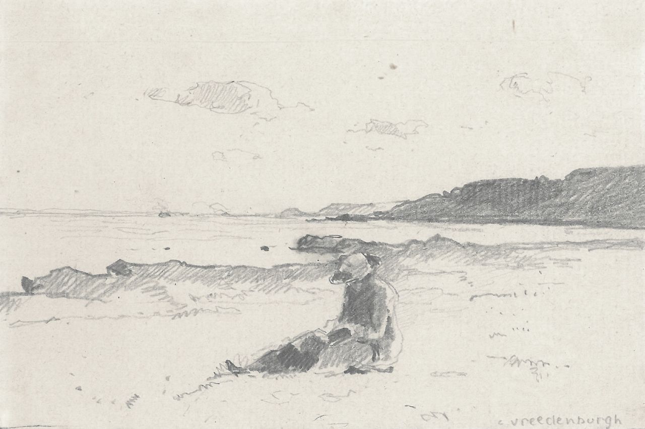 Vreedenburgh C.  | Cornelis Vreedenburgh | Aquarellen en tekeningen te koop aangeboden | Vrouw lezend op het strand, potlood en aquarel op papier 9,1 x 14,0 cm, gesigneerd rechtsonder