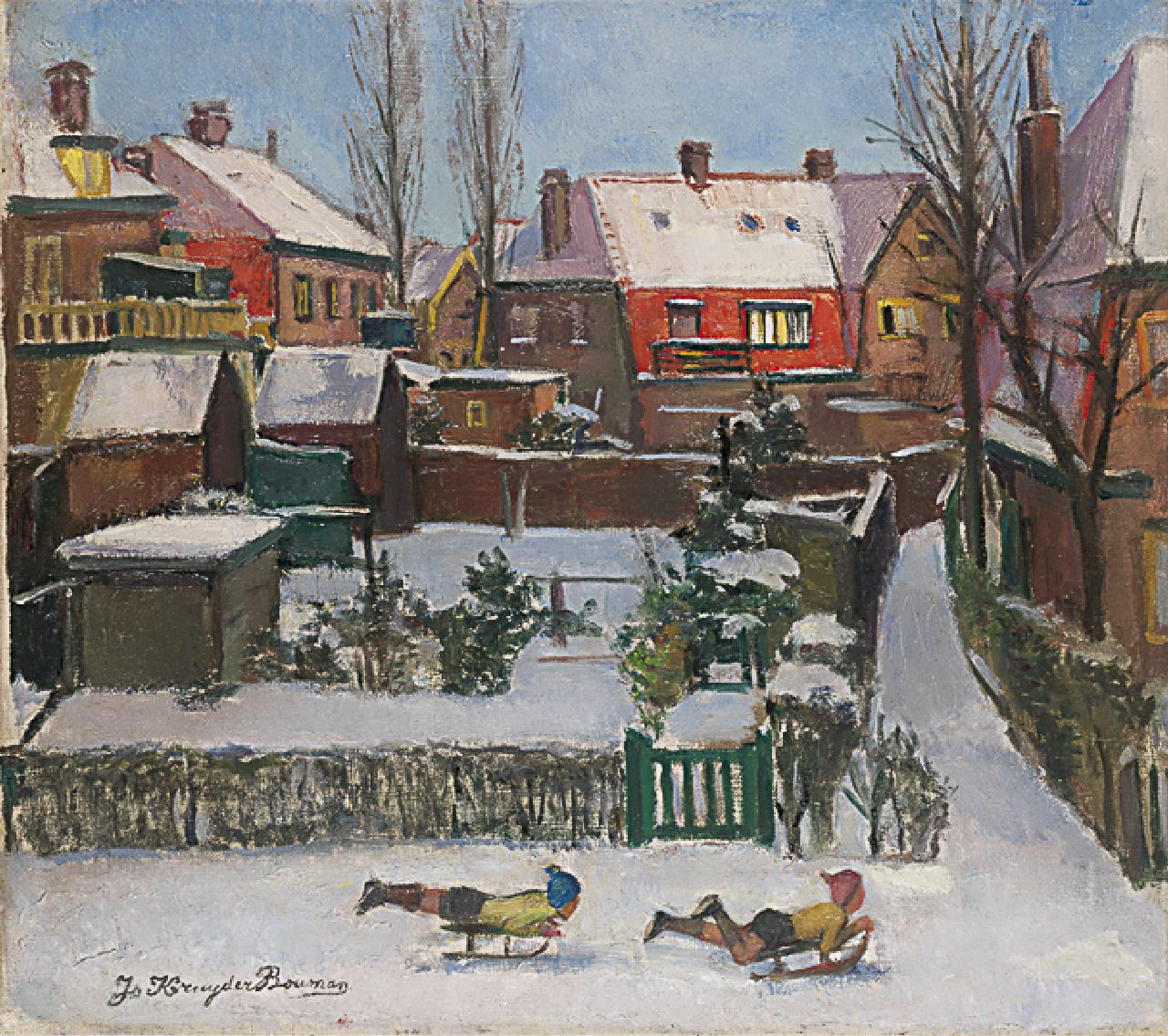 Jo Kruyder-Bouman | Wintervermaak, olieverf op doek, 40,3 x 45,0 cm, gesigneerd l.o. en gedateerd 1942