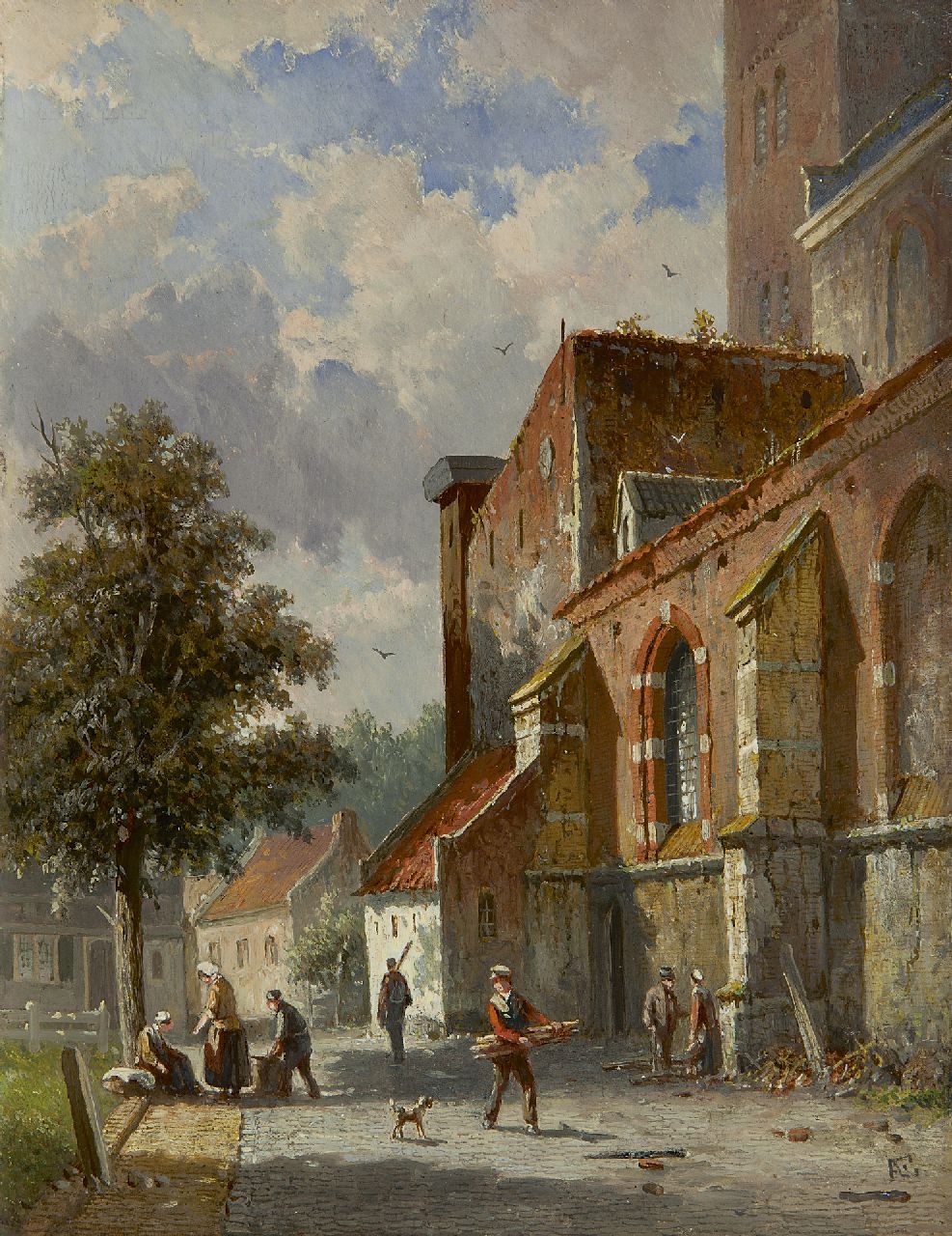 Eversen A.  | Adrianus Eversen, Zonnig straatje achter de kerk, olieverf op paneel 27,0 x 20,8 cm, gesigneerd rechtsonder met monogram