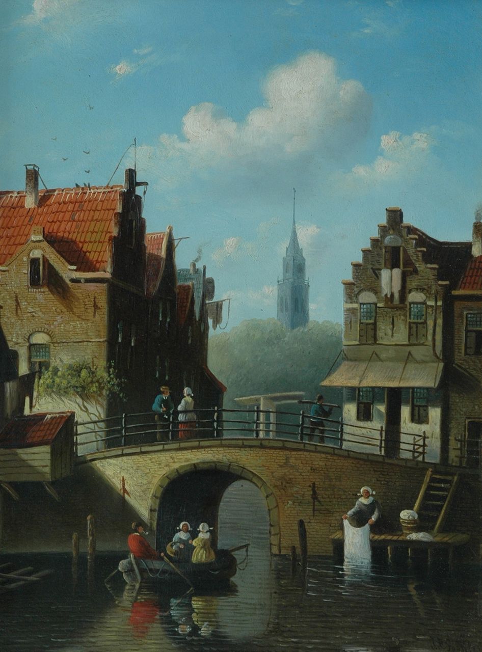 Spohler J.F.  | Johannes Franciscus Spohler, Hollands stadsgezicht bij zomer - i.o., olieverf op paneel 36,2 x 28,4 cm, gesigneerd rechtsonder