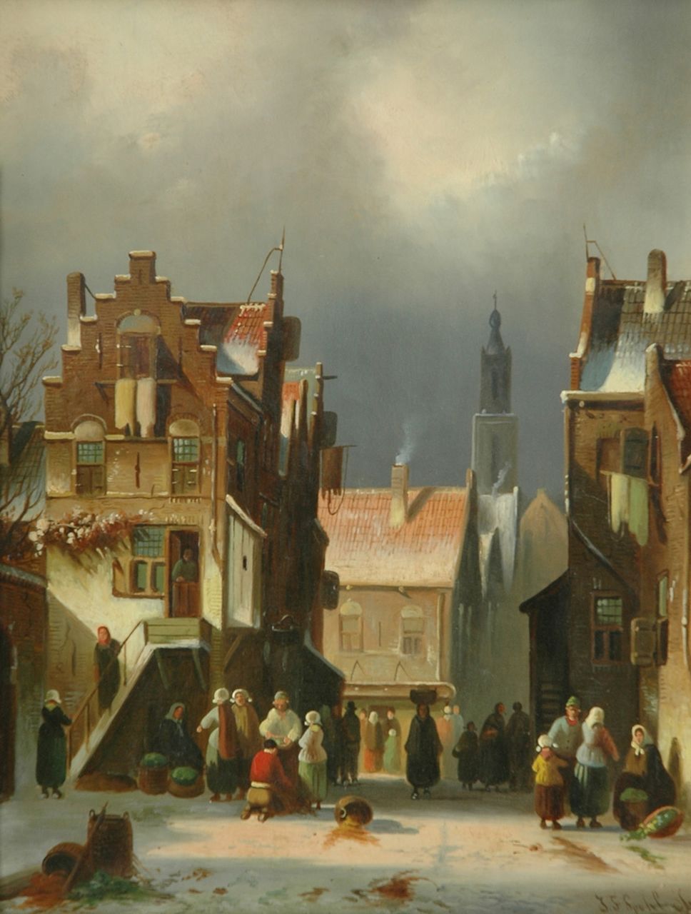 Spohler J.F.  | Johannes Franciscus Spohler, Winters stadsgezicht met figuren - i.o., olieverf op paneel 36,0 x 28,1 cm, gesigneerd rechtsonder