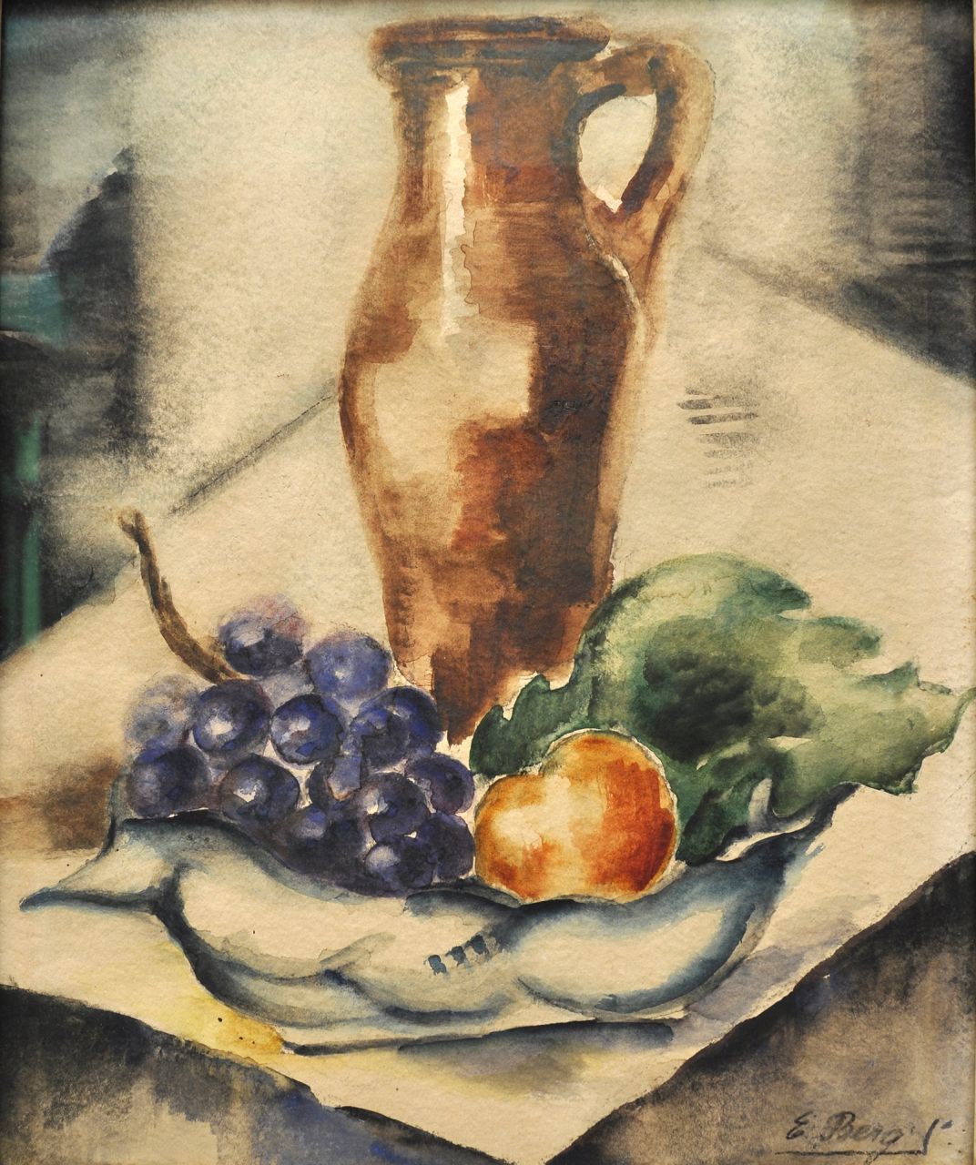 Berg E.  | Else Berg, Fruitschaal en kan op een tafel, aquarel op papier 37,3 x 26,5 cm, gesigneerd rechtsonder