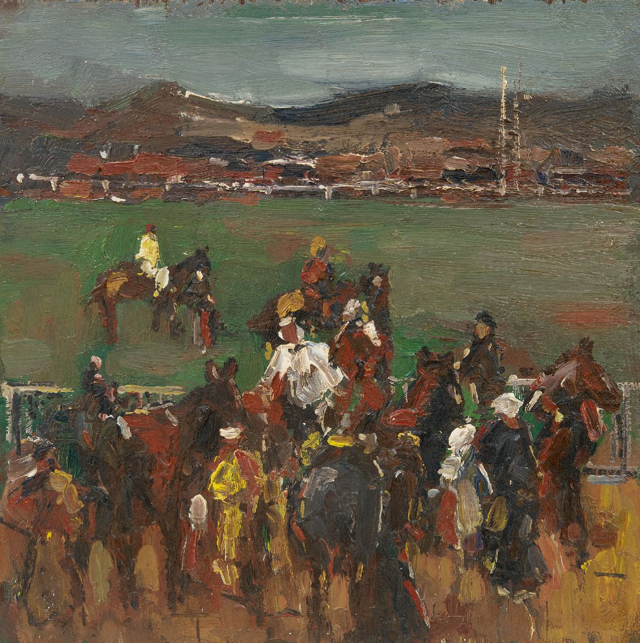 Onbekend   | Onbekend | Schilderijen te koop aangeboden | Op de renbaan, olieverf op paneel 30,1 x 29,8 cm, 1920-1930