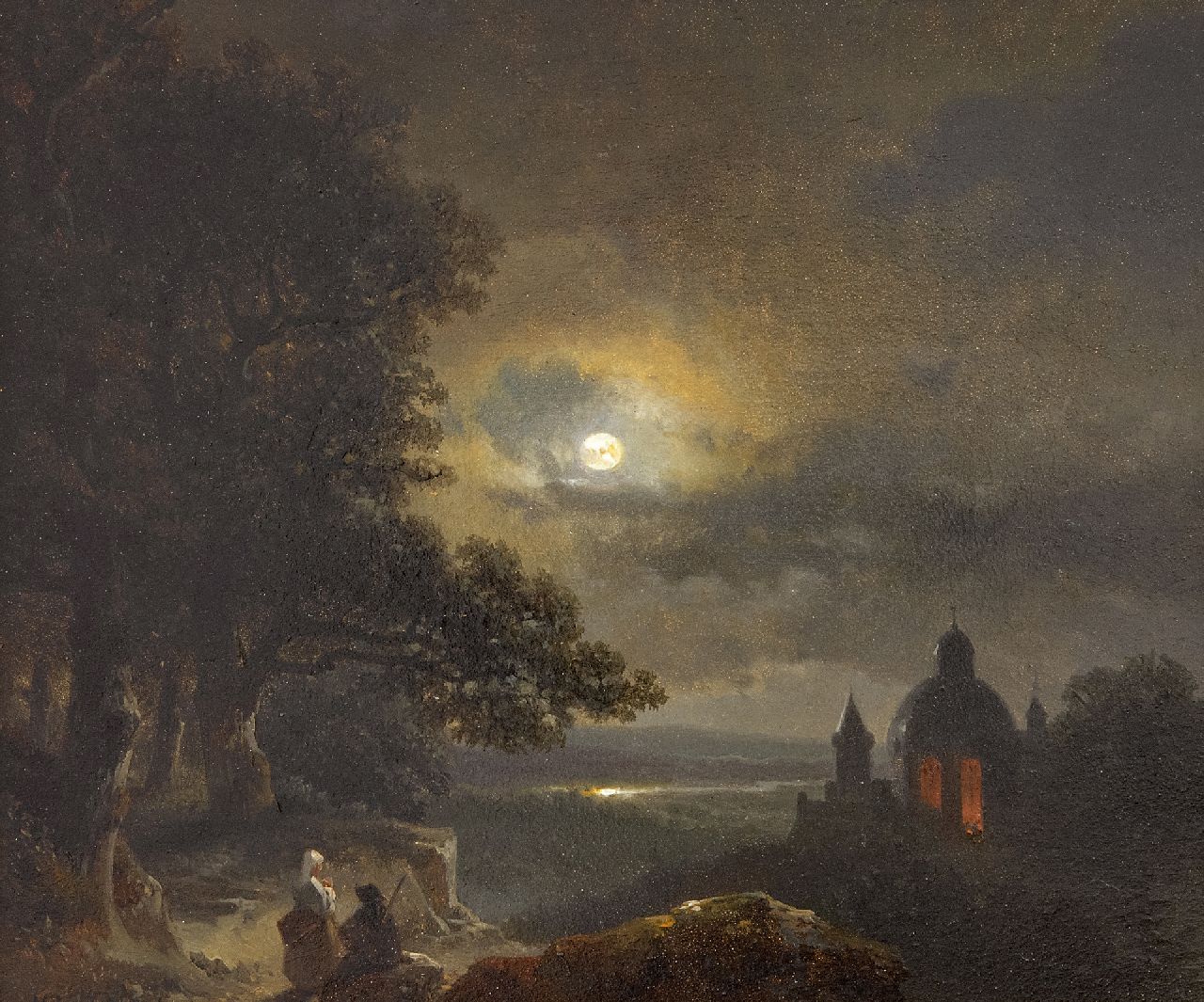 Kuhnen P.L.  | Pierre-Louis Kuhnen | Schilderijen te koop aangeboden | Een jong paar nabij een nachtelijke riviervallei bij volle maan, olieverf op paneel 18,1 x 21,3 cm, gesigneerd linksonder