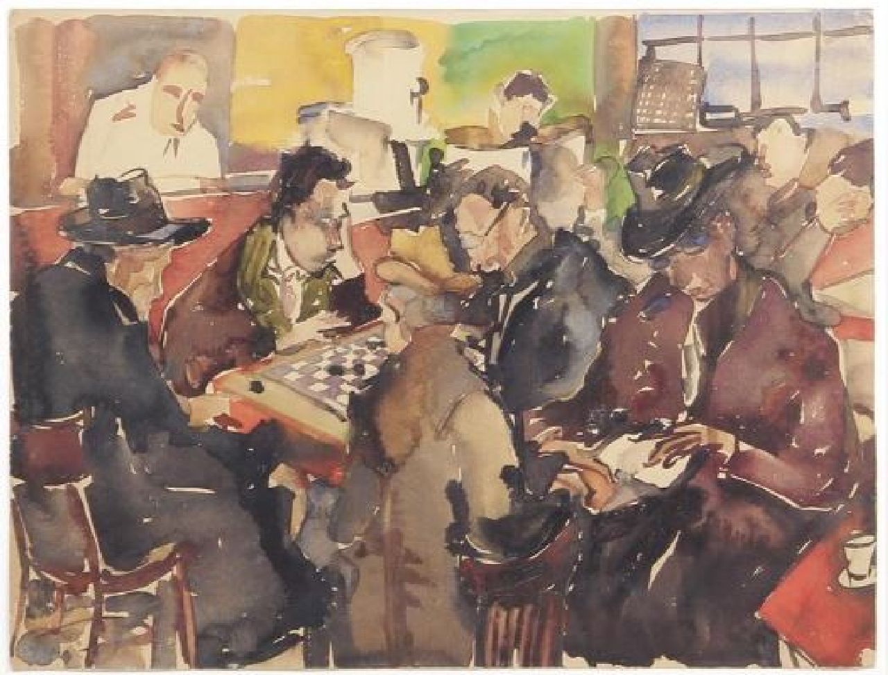 Albert E.  | Ernest Albert | Aquarellen en tekeningen te koop aangeboden | Dammen in het café, aquarel op papier 37,3 x 49,3 cm