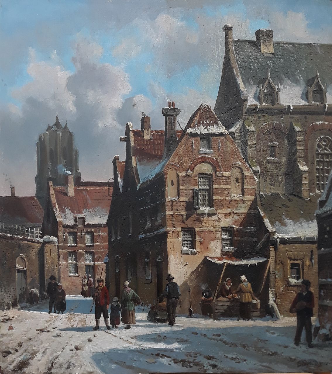 Bommel E.P. van | Elias Pieter van Bommel | Schilderijen te koop aangeboden | Hollands stadsgezicht in de winter, olieverf op paneel 31,7 x 29,2 cm, gesigneerd rechtsonder en zonder lijst