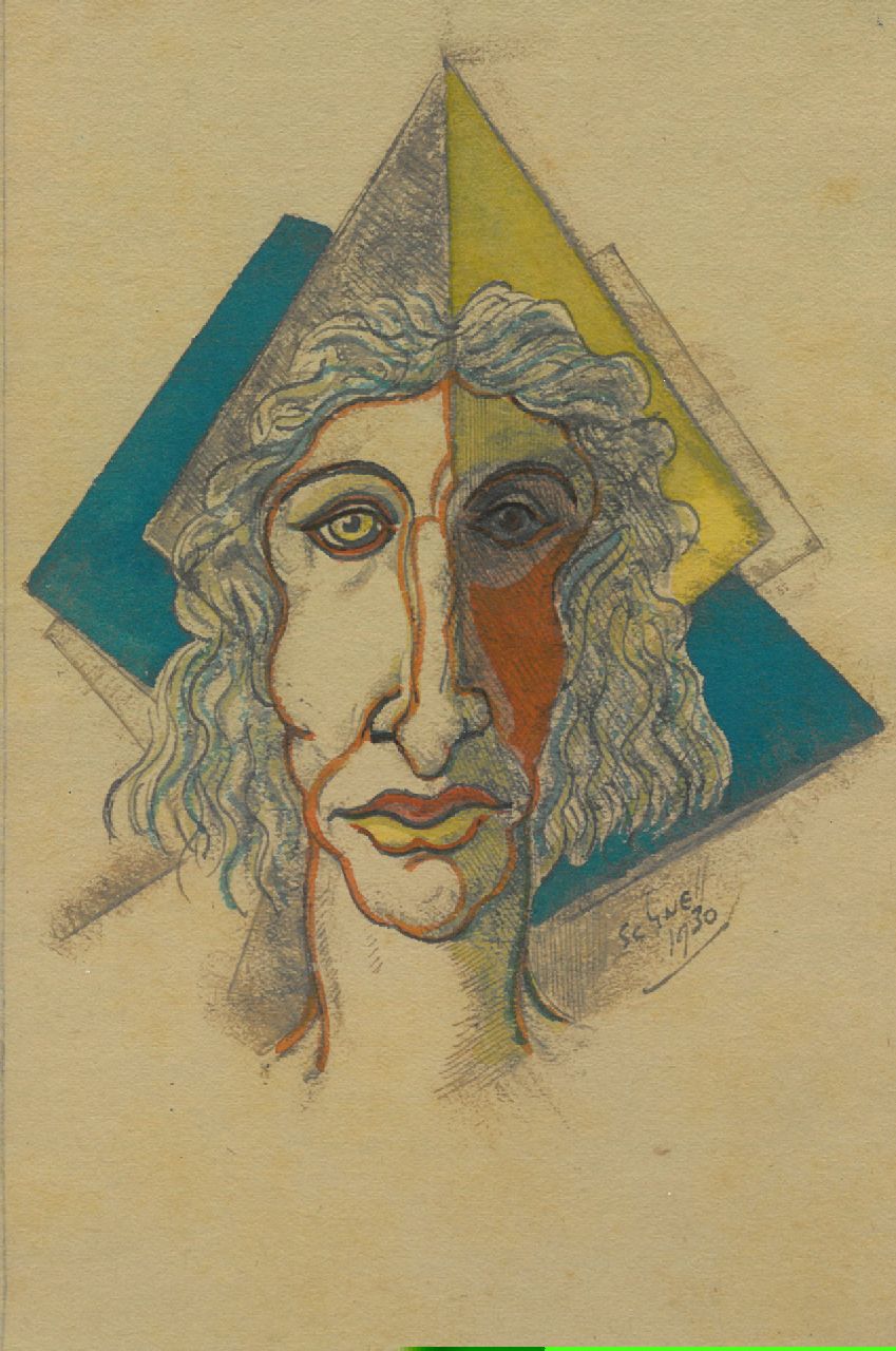 Schnell G. van | Gabriel van Schnell | Aquarellen en tekeningen te koop aangeboden | Portret van een dame met geel en blauwe hoed, potlood en aquarel op papier 16,5 x 10,9 cm, gesigneerd rechtsonder en 1930, zonder lijst