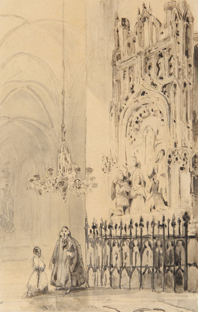 Bosboom J.  | Johannes Bosboom, Interieur van de Grote Kerk te Breda met het grafmonument van Engelbert I van Nassau, pen, penseel en inkt op papier 15,8 x 10,6 cm, gesigneerd middenonder