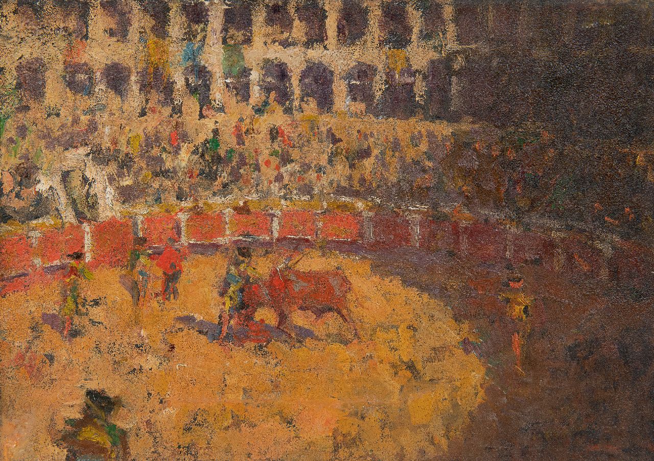 Europese School, begin 20e eeuw   | Europese School, begin 20e eeuw | Schilderijen te koop aangeboden | Stierengevecht in de Arena las Ventas, Madrid, olieverf op doek 24,5 x 34,3 cm, zonder lijst