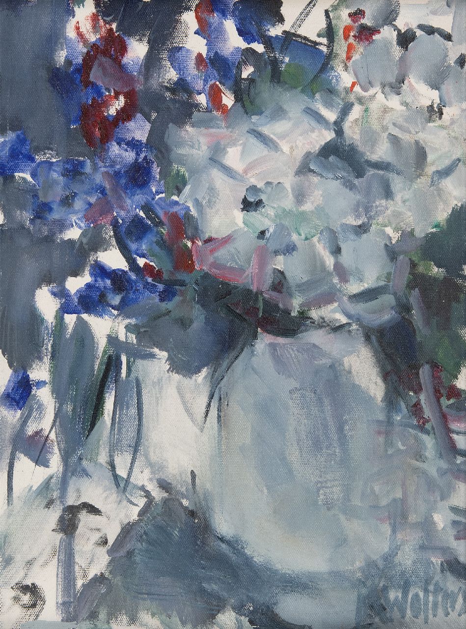 Wolters-Schweitzer M.  | Milène Wolters-Schweitzer | Schilderijen te koop aangeboden | Stilleven van bloemen in een vaas, olieverf op doek 39,8 x 29,9 cm, gesigneerd rechtsonder en op spieraam en op spieraam gedateerd 2014