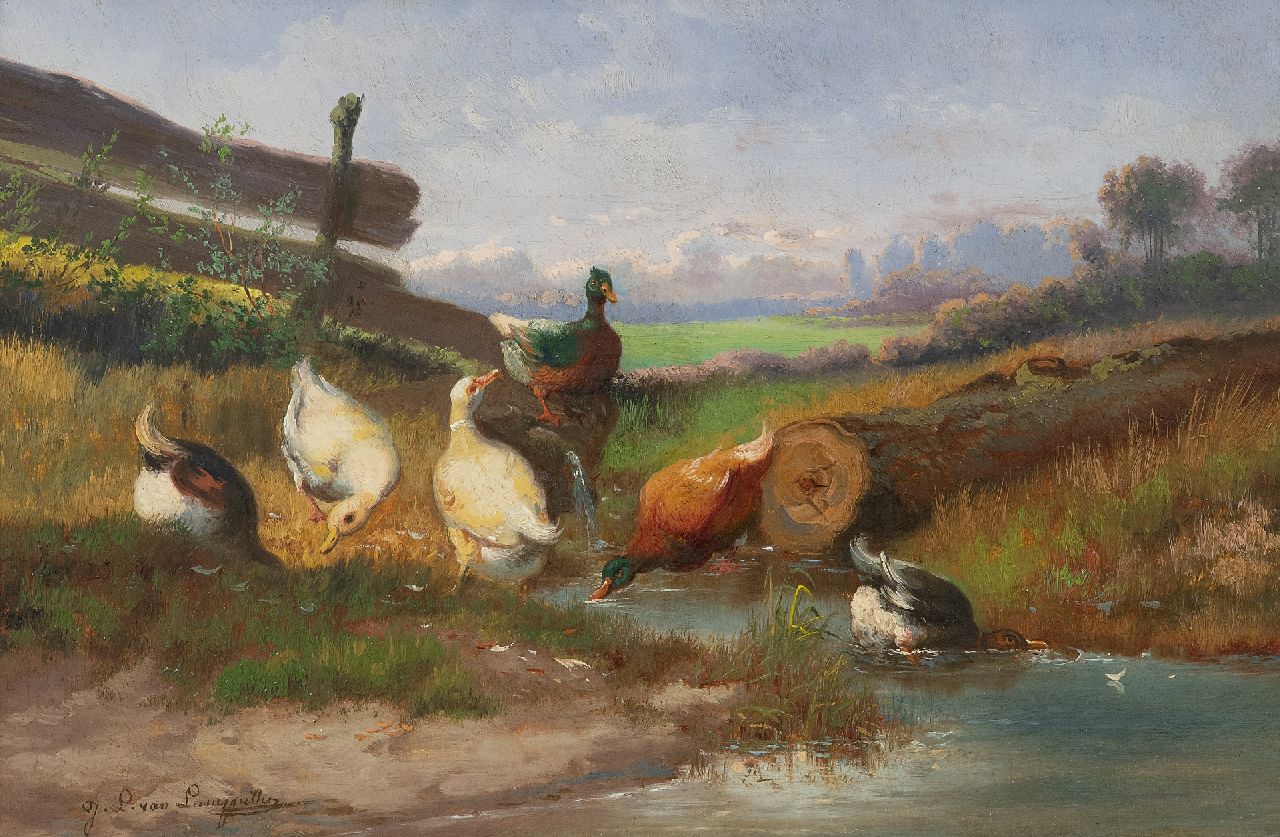 Jef van Leemputten | Eenden aan het water, olieverf op doek, 24,0 x 36,5 cm, gesigneerd l.o.
