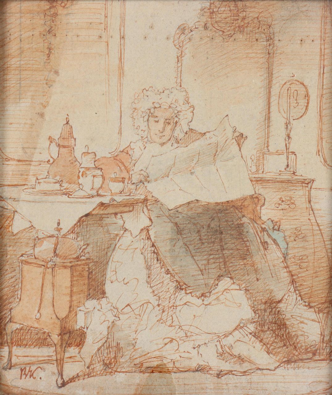 Bakker Korff A.H.  | Alexander Hugo Bakker Korff, De ochtendkrant, pen, inkt en aquarel op papier 14,3 x 11,5 cm, gesigneerd linksonder met monogram