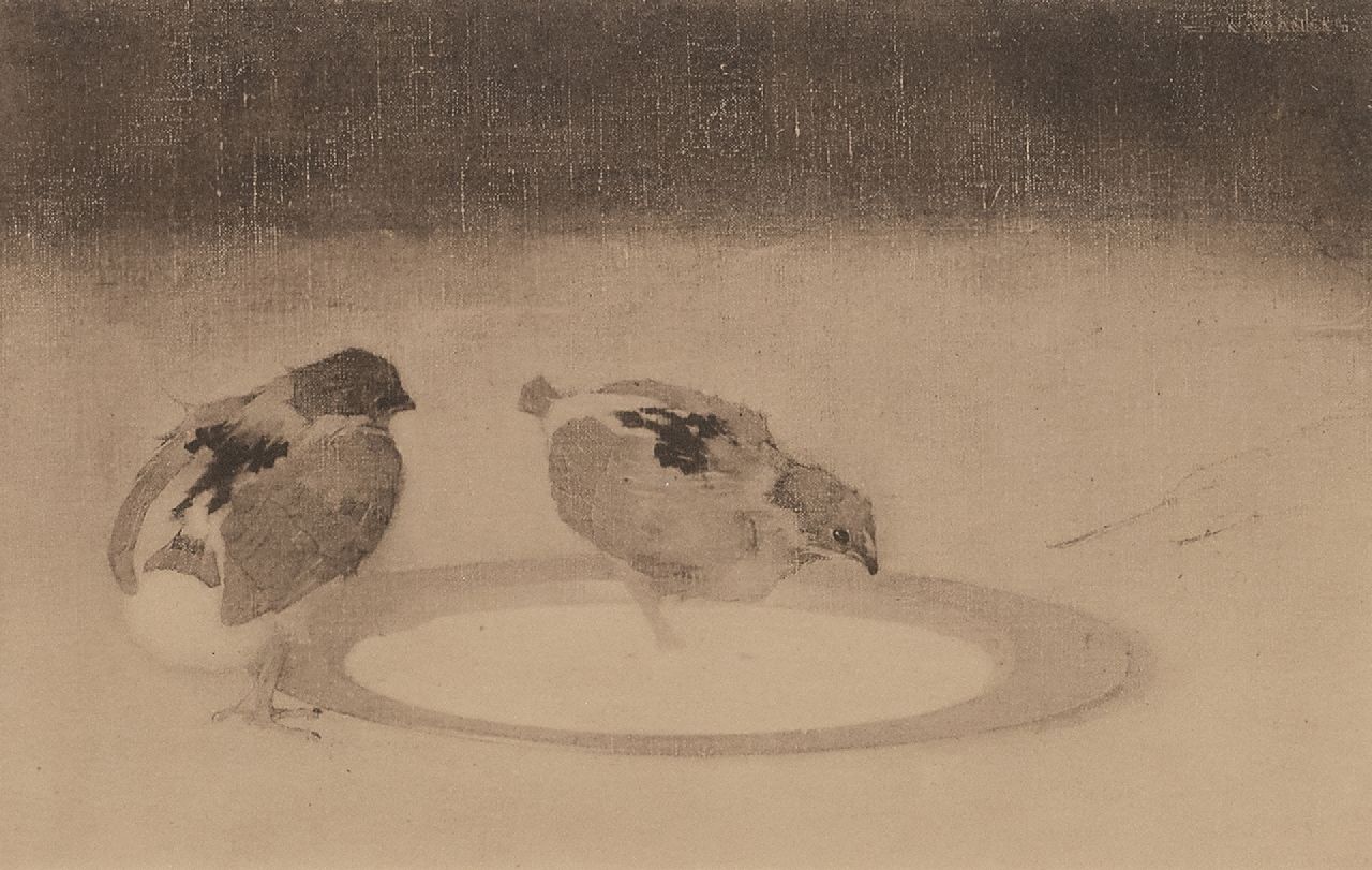 Mankes J.  | Jan Mankes | Grafiek te koop aangeboden | Twee kuikens op een tinnen bord, heliografie 13,0 x 20,0 cm, te dateren 1910