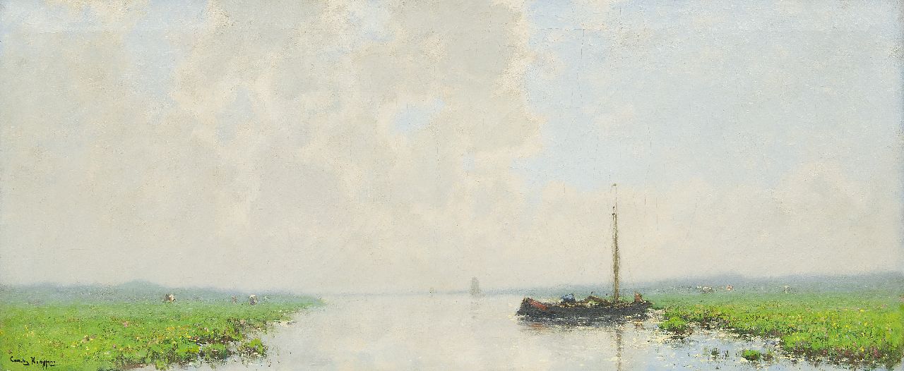 Kuijpers C.  | Cornelis Kuijpers | Schilderijen te koop aangeboden | Afgemeerde schuit in weids rivierlandschap, olieverf op doek 45,7 x 108,6 cm, gesigneerd linksonder