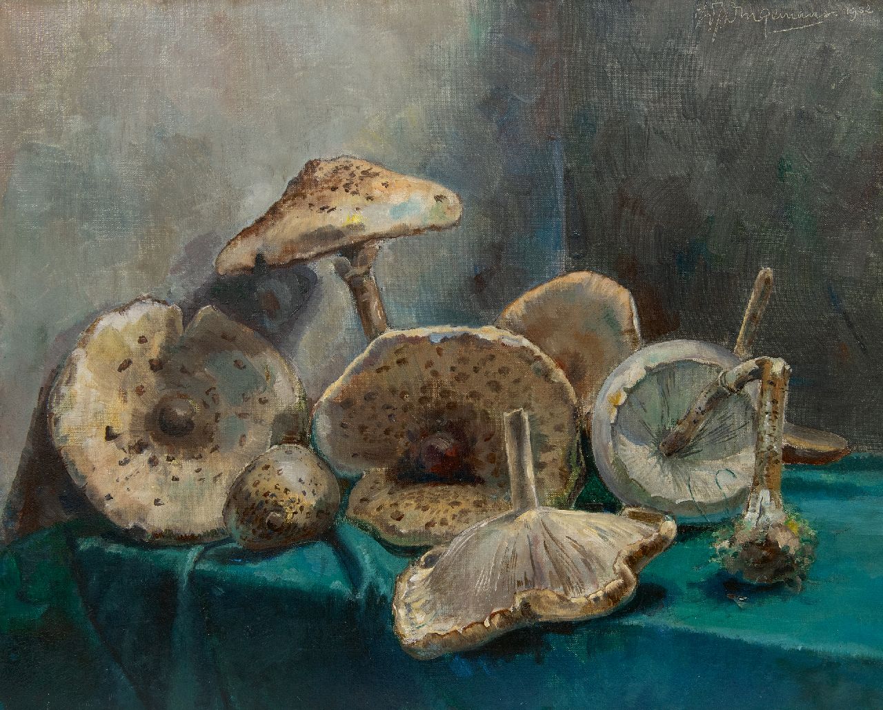 Dingemans W.J.  | Waalko Jans Dingemans | Schilderijen te koop aangeboden | Stilleven met paddenstoelen, olieverf op doek 40,3 x 50,2 cm, gesigneerd rechtsboven en gedateerd 1932, zonder lijst