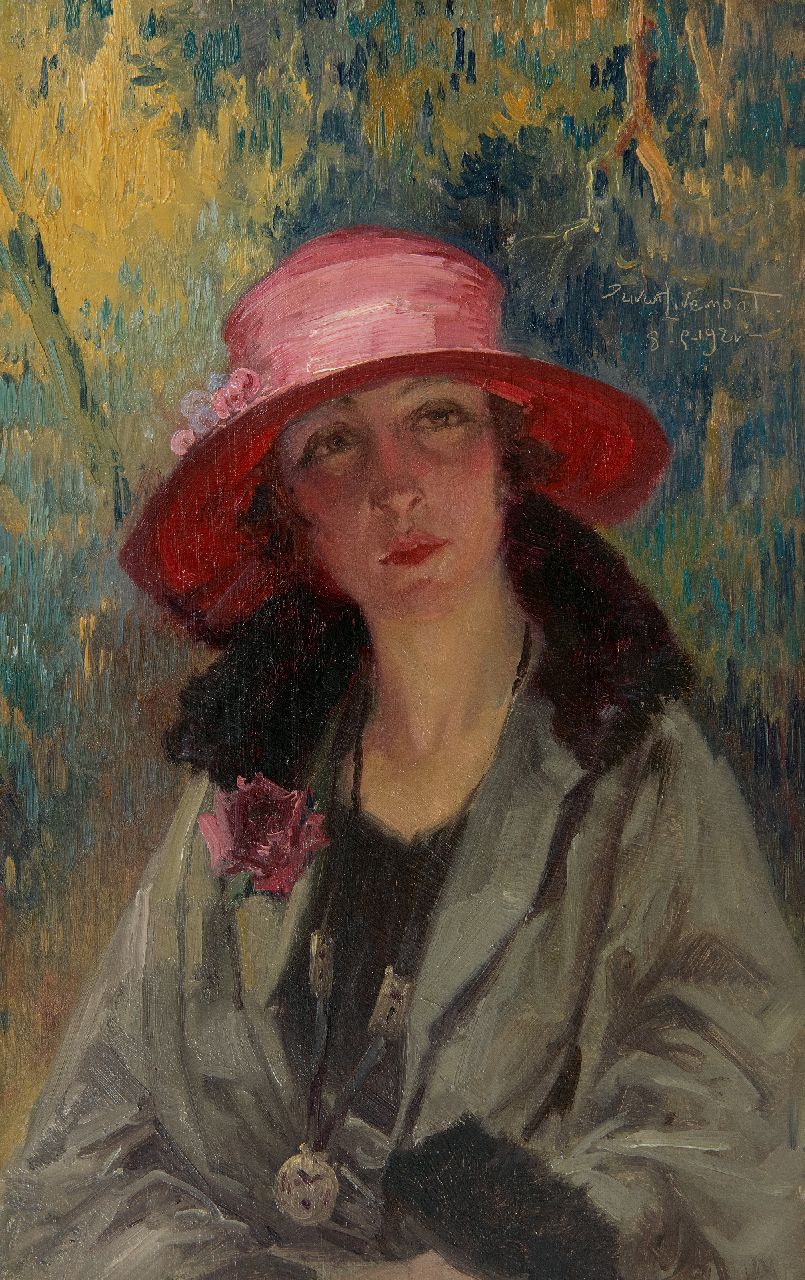 Livemont H.P.A.T.  | Henri 'Privat' Antoine Théodore Livemont, Vrouw met roze hoed, olieverf op paneel 34,3 x 21,7 cm, gesigneerd rechtsboven en gedateerd 8-5-1921