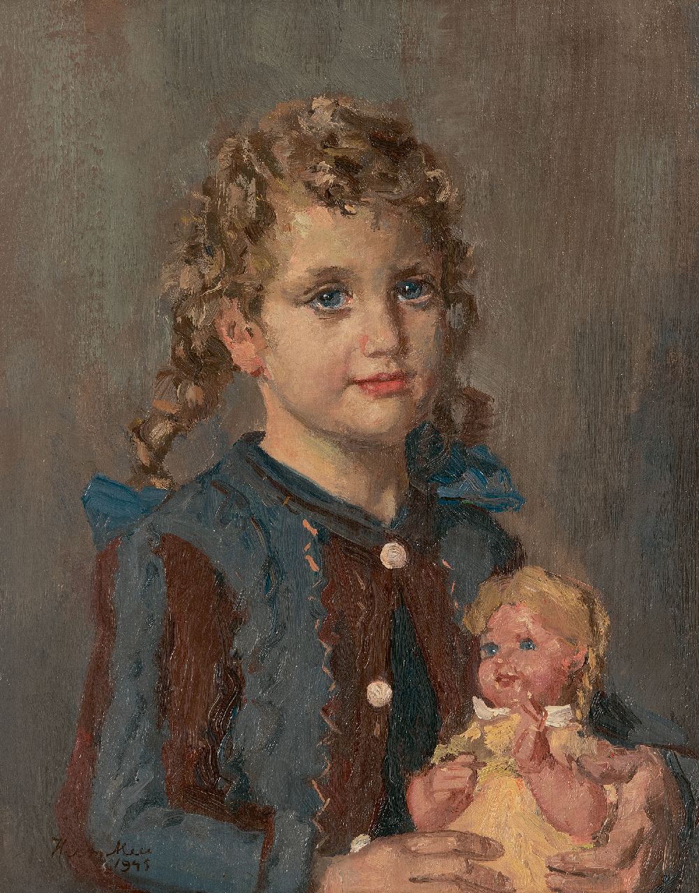 Herman Mees | Meisjesportret met pop, olieverf op doek, 51,2 x 40,4 cm, gesigneerd l.o. en gedateerd 1945, zonder lijst