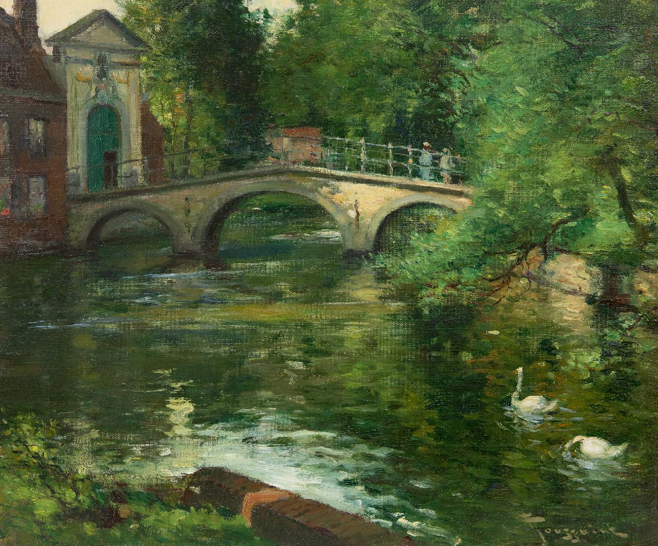 Fernand Toussaint | Schilderijen te Koop | Zwanen in de gracht bij de ...