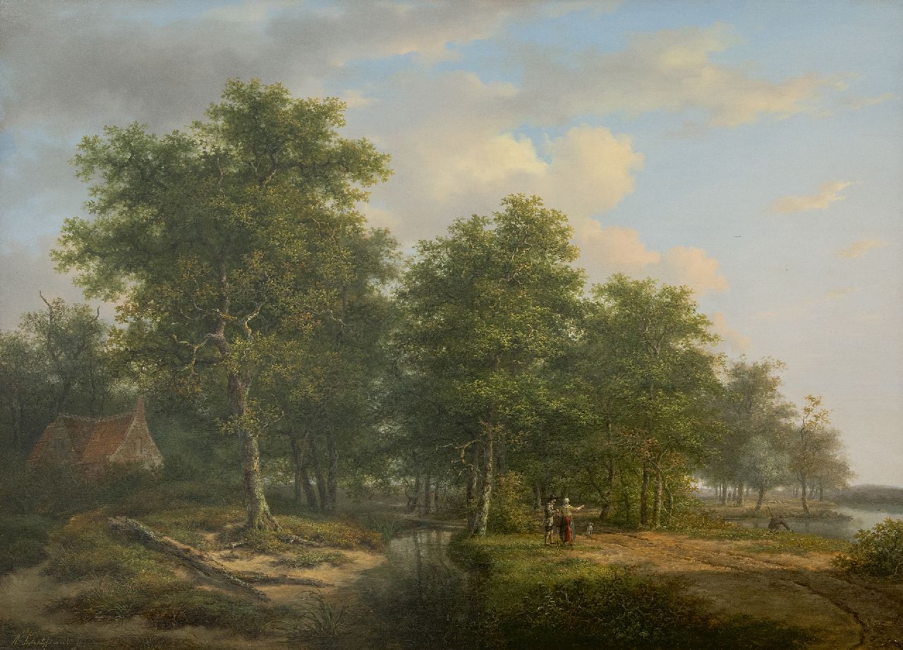 Schelfhout A.  | Andreas Schelfhout, Boslandschap met figuren bij een riviertje (Pendant van winterlandschap), olieverf op paneel 52,8 x 72,5 cm, gesigneerd linksonder en te dateren ca. 1815