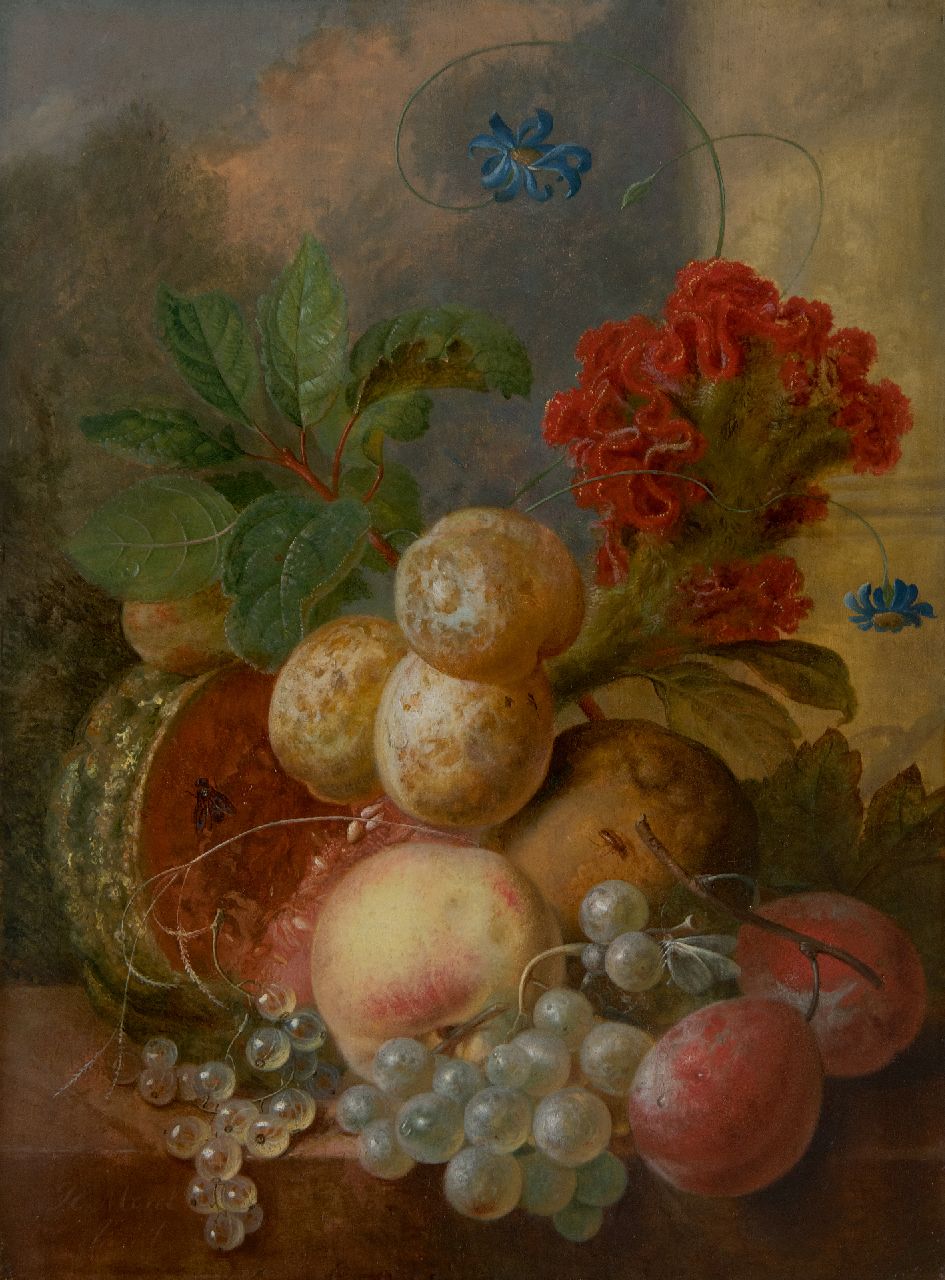 Morel I J.E.  | Jan Evert Morel I | Schilderijen te koop aangeboden | Fruitstilleven, olieverf op paneel 36,8 x 27,4 cm, gesigneerd rechtsonder
