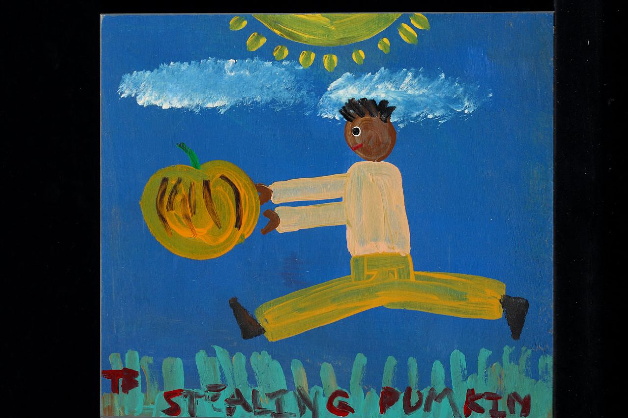 Brown T.  | Timothy 'Tim' Brown, Stealing pumkin, acryl op paneel 35,0 x 39,0 cm, gesigneerd linksonder met initialen