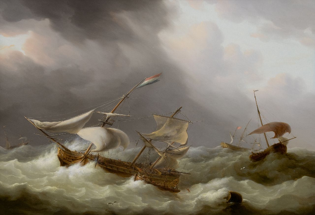 Schouman M.  | Martinus Schouman | Schilderijen te koop aangeboden | Zeilschepen in een storm, olieverf op paneel 51,1 x 71,7 cm, gesigneerd linksonder