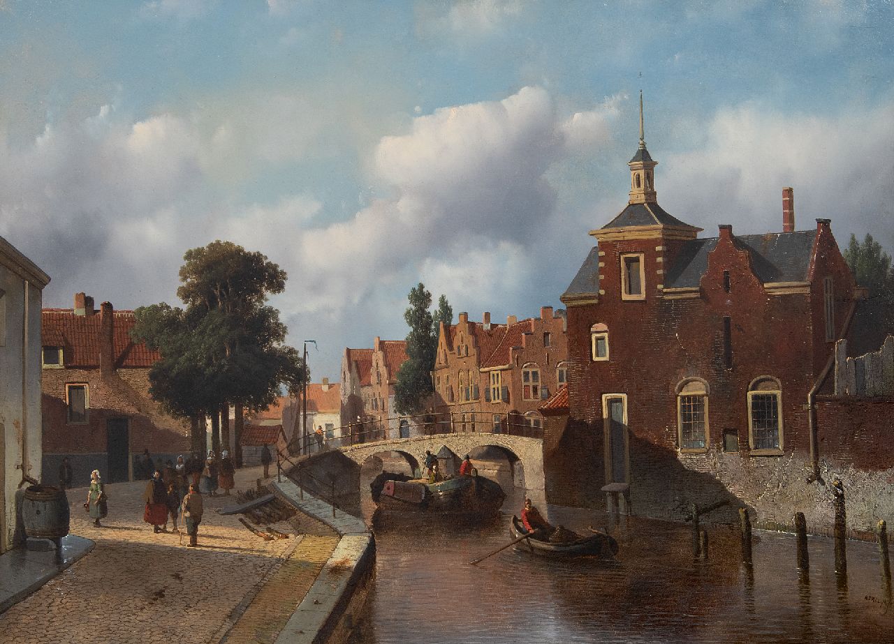 Vrolijk J.A.  | Jacobus 'Adriaan' Vrolijk | Schilderijen te koop aangeboden | Hollandse stadsgracht met scheepvaart en figuren, olieverf op paneel 38,6 x 52,4 cm, gesigneerd rechtsonder
