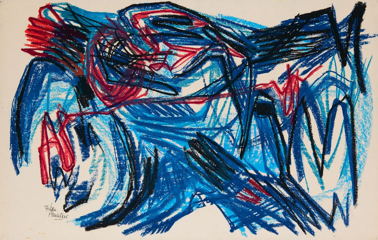 Hunziker F.  | Frieda Hunziker | Aquarellen en tekeningen te koop aangeboden | Het monster, waskrijt op papier 50,2 x 78,3 cm, gesigneerd linksonder en te dateren 1961, zonder lijst