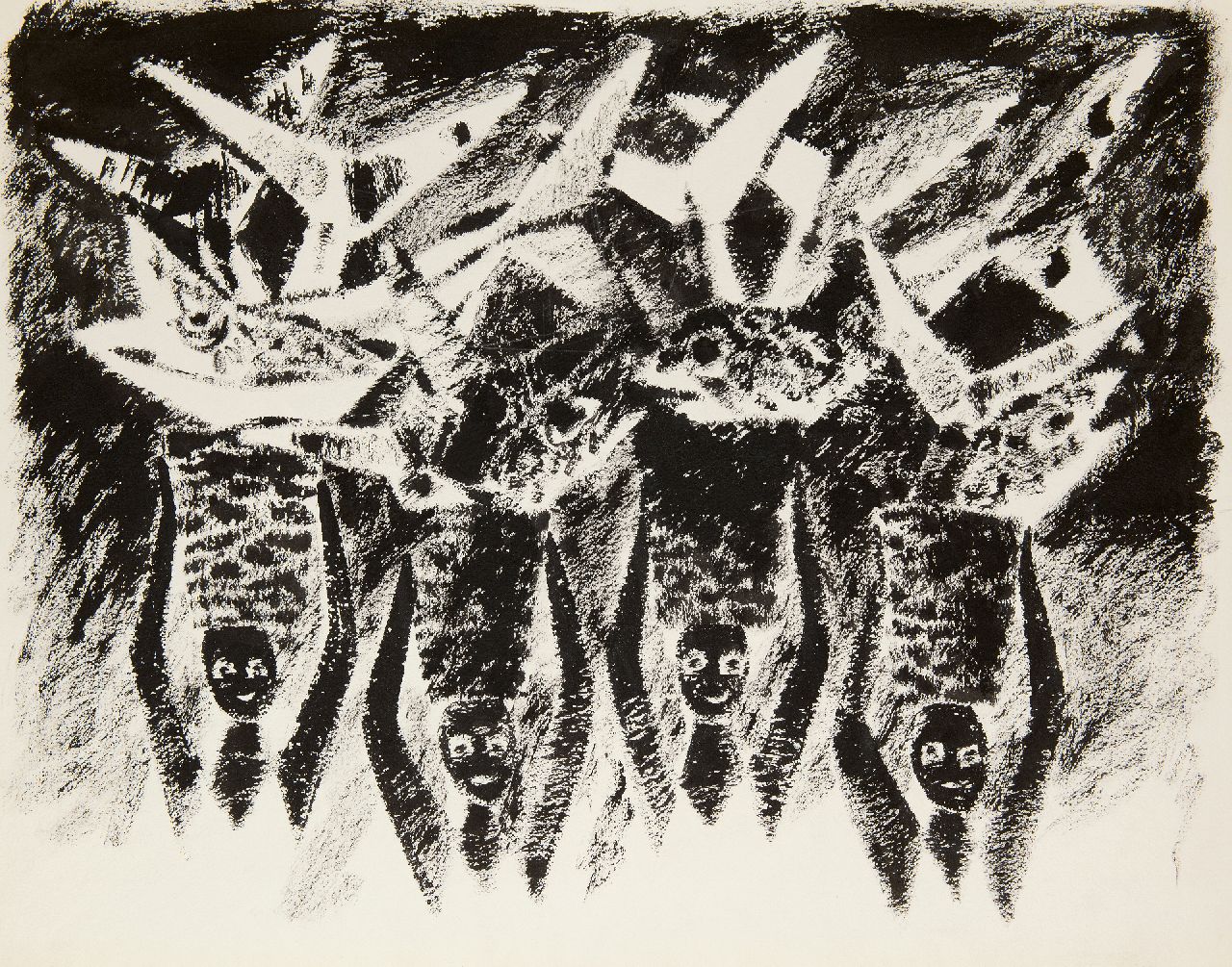 Hunziker F.  | Frieda Hunziker, Hoofden, manden, vissen, gouache op papier 57,8 x 73,5 cm
