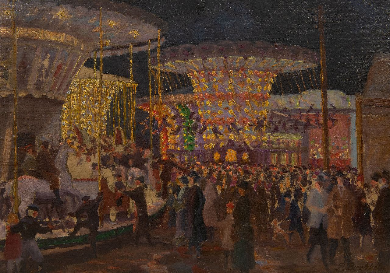 Buchholz P.  | Paul Buchholz | Schilderijen te koop aangeboden | Een avond op de jaarmarkt, olieverf op karton 34,5 x 48,5 cm, gesigneerd rechtsonder en te dateren ca. 1920